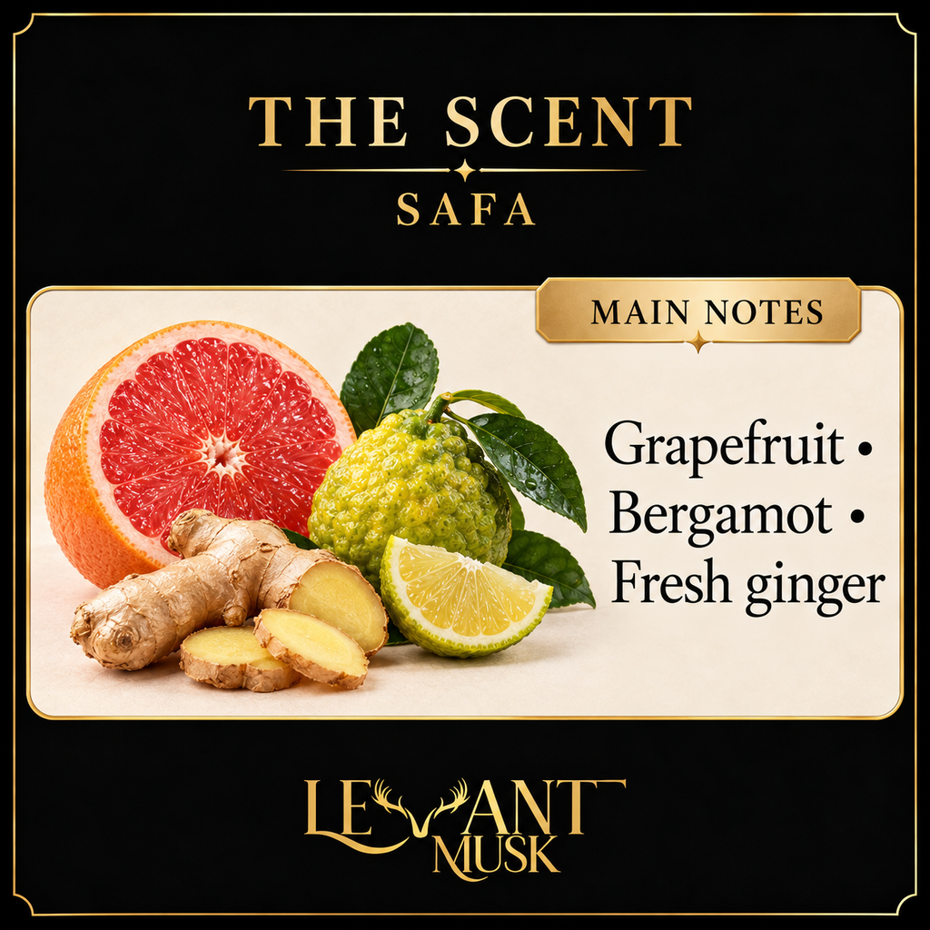 SAFA main notes: grapefruit, bergamot and fresh ginger, black gold and cream Levant Musk scent card