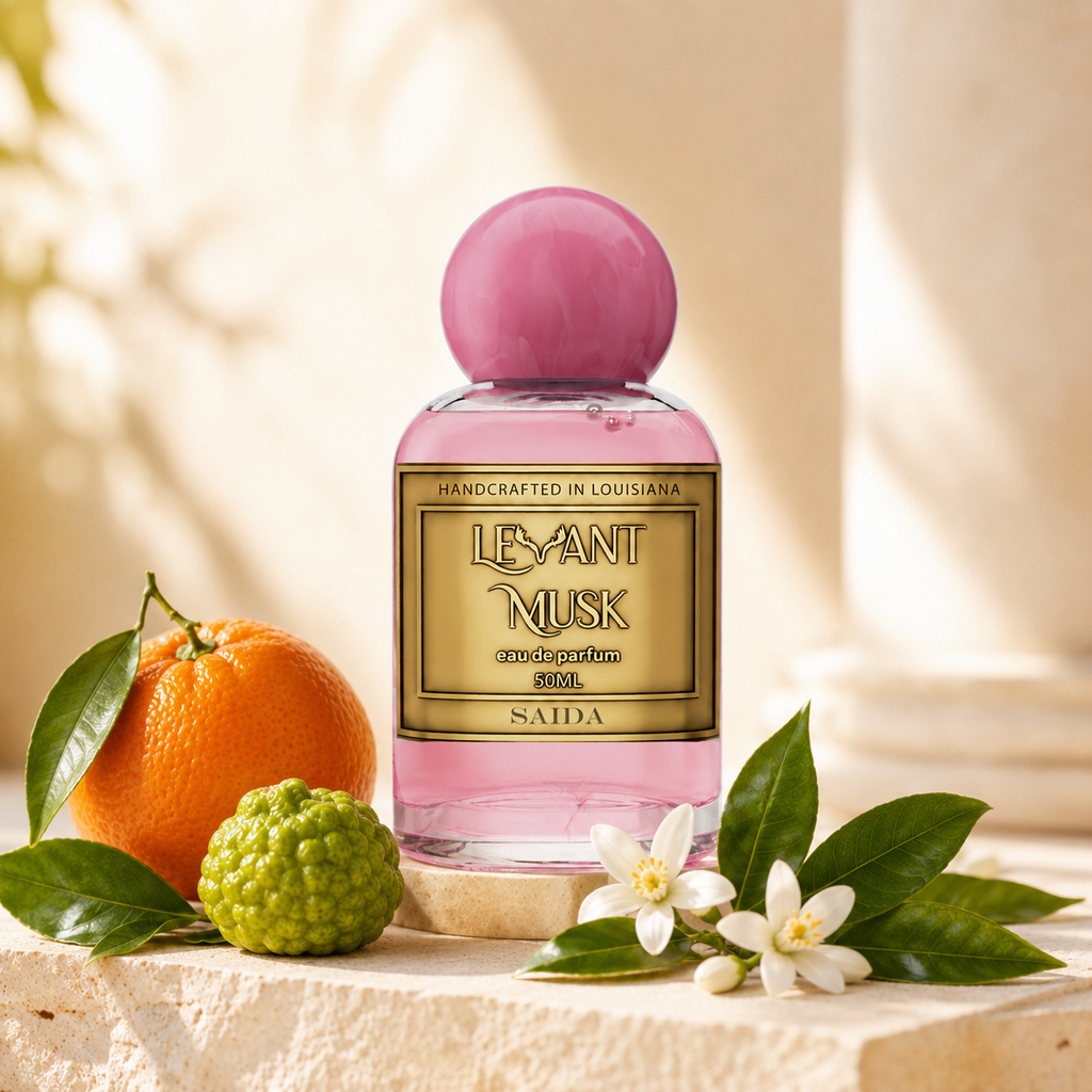 Levant Musk Saida perfume bottle styled with notes of citron, orange blossom, and musk.