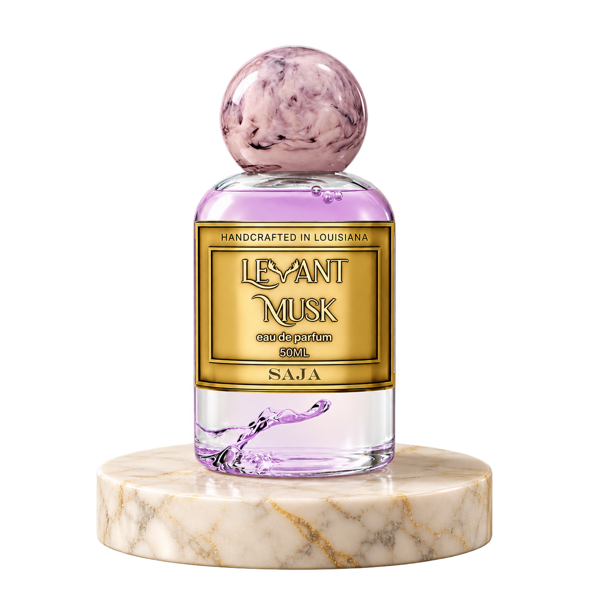 SAJA by Levant Musk plain bottle on marble true alpha