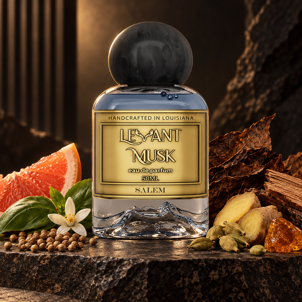 Levant Musk Salem perfume bottle styled with notes of grapefruit, cardamom, and tobacco.