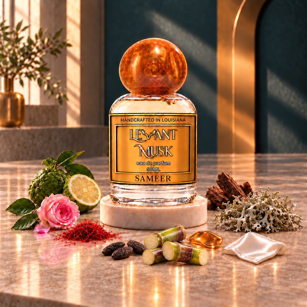 SAMEER by Levant Musk, orange-gold-cap 50 mL bottle in an atmospheric fragrance setting