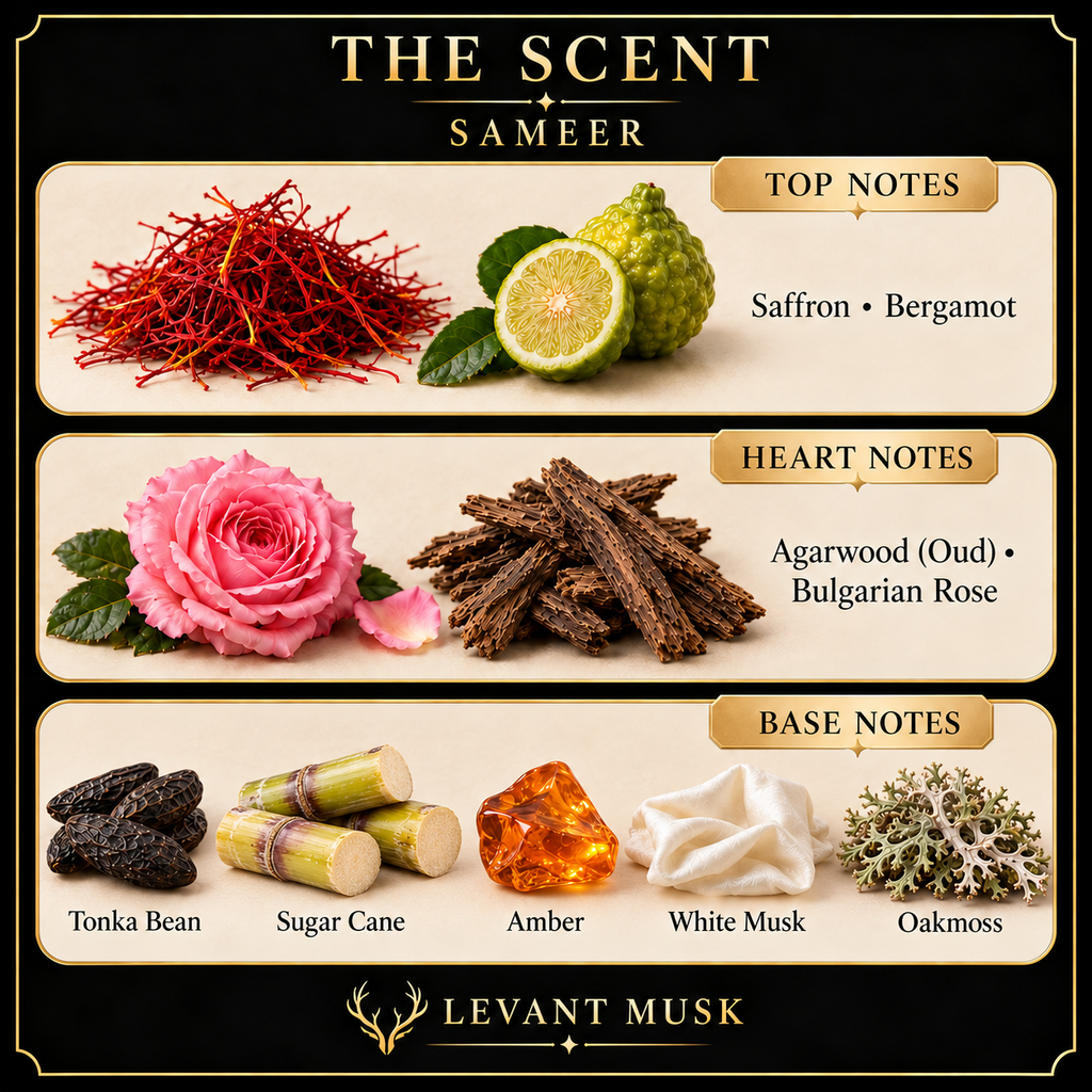 SAMEER fragrance notes: Saffron, Bergamot; Agarwood (Oud), Bulgarian Rose; Tonka Bean, Sugar Cane, Amber, White Musk, Oakmoss