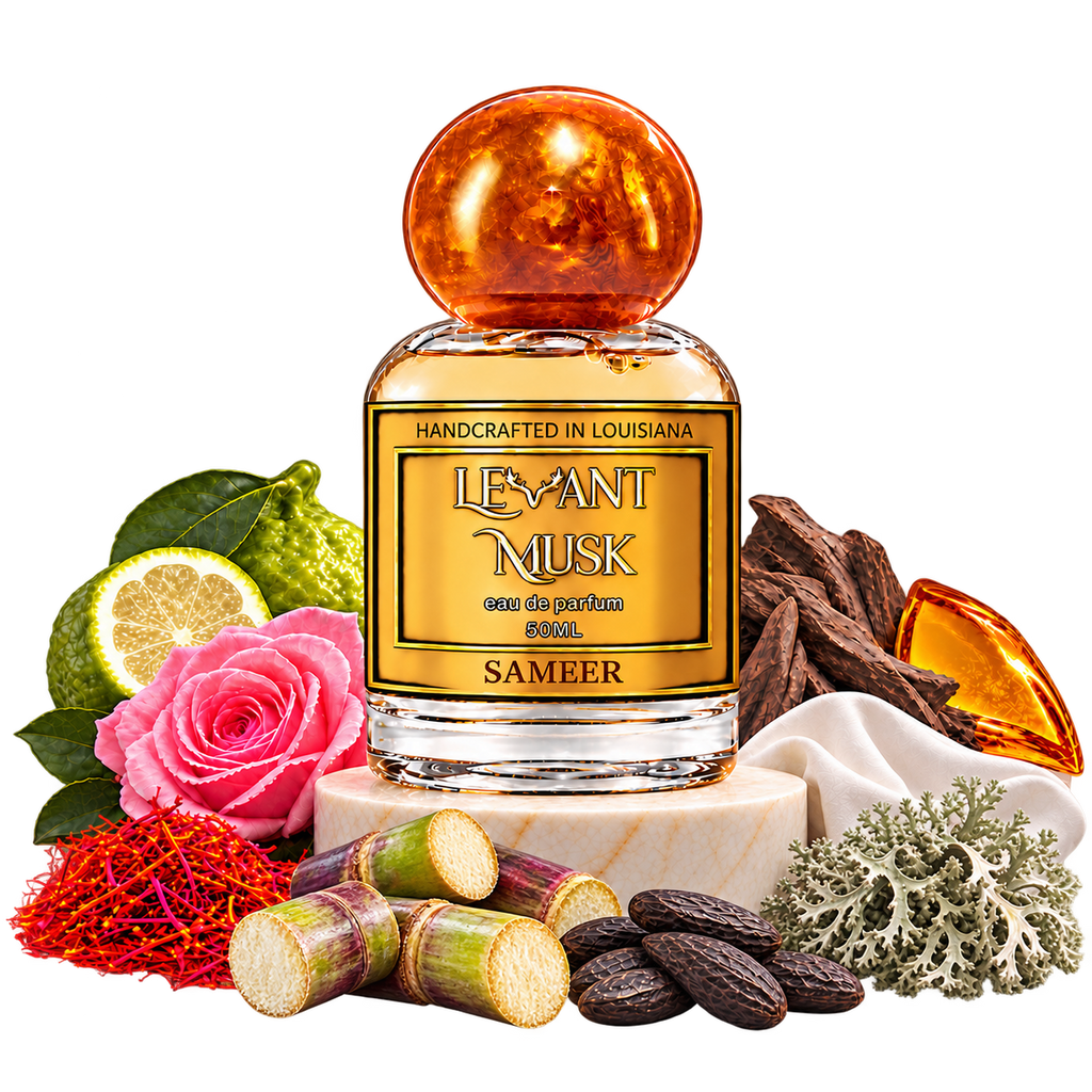 SAMEER 50 mL Levant Musk bottle with fragrance-note props on a transparent background
