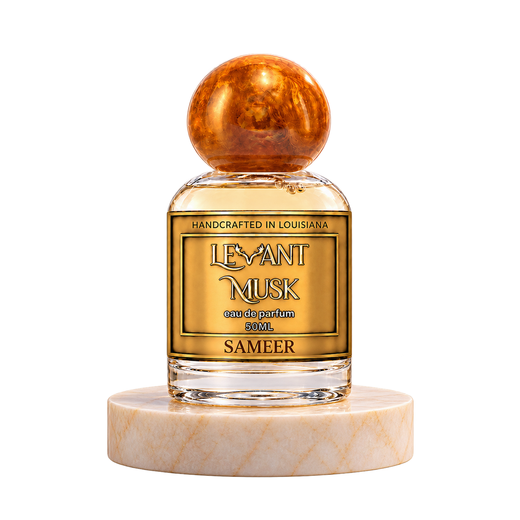 SAMEER 50 mL Levant Musk bottle with orange-gold cap on marble with transparent outer background