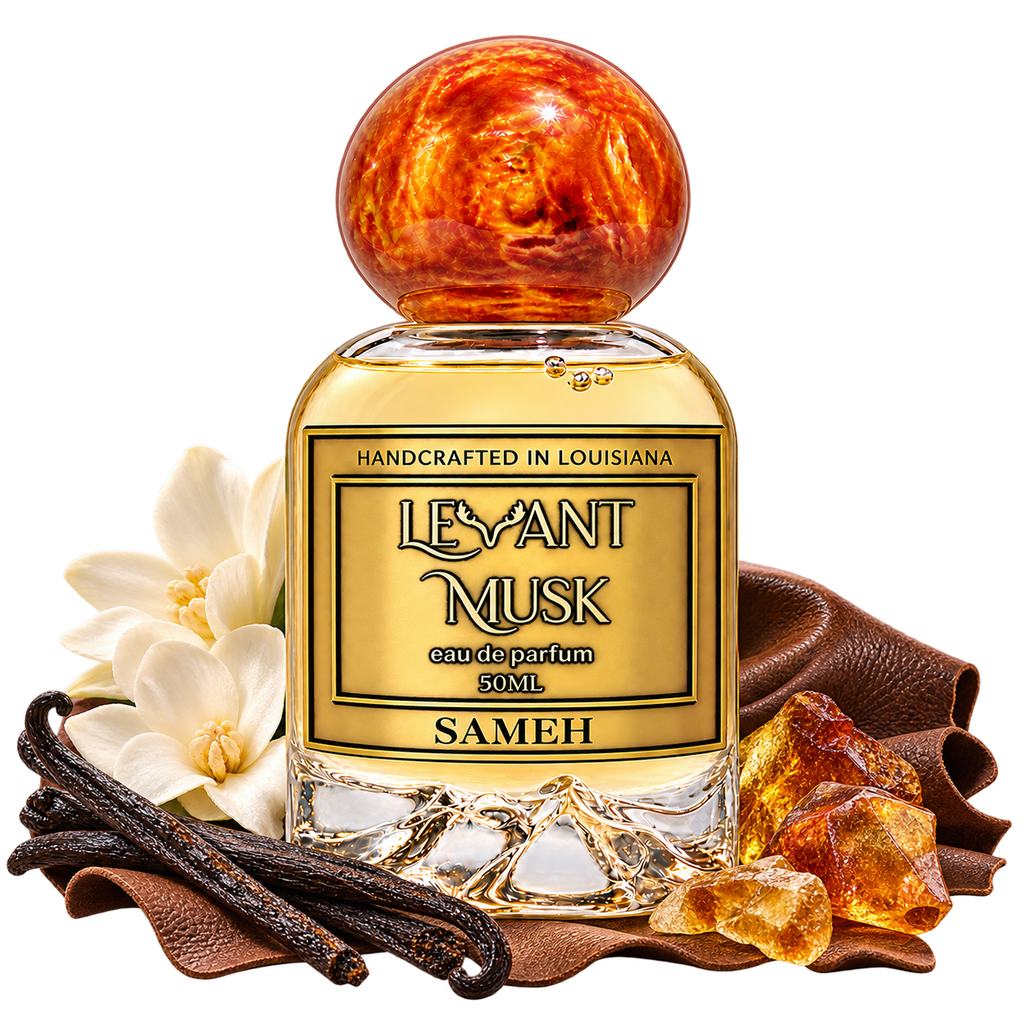 SAMEH bottle with vanilla, amber, leather and white flower note accents on a transparent background.
