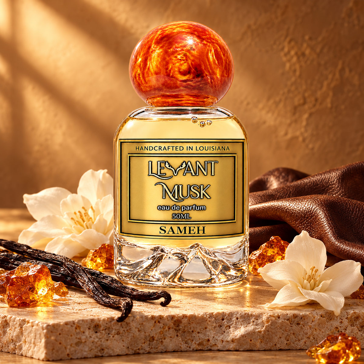 SAMEH by Levant Musk with vanilla, amber, leather and white flower in a warm grounded hero scene.