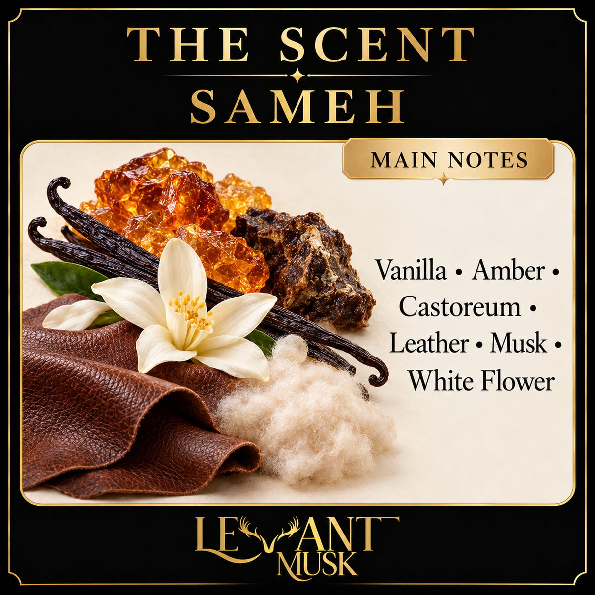 SAMEH main notes: Vanilla, Amber, Castoreum, Leather, Musk and White Flower. Levant Musk scent card.