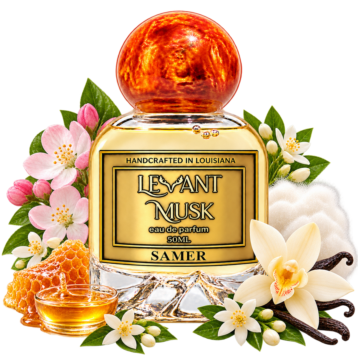 SAMER by Levant Musk bottle with its approved fragrance notes on transparent background