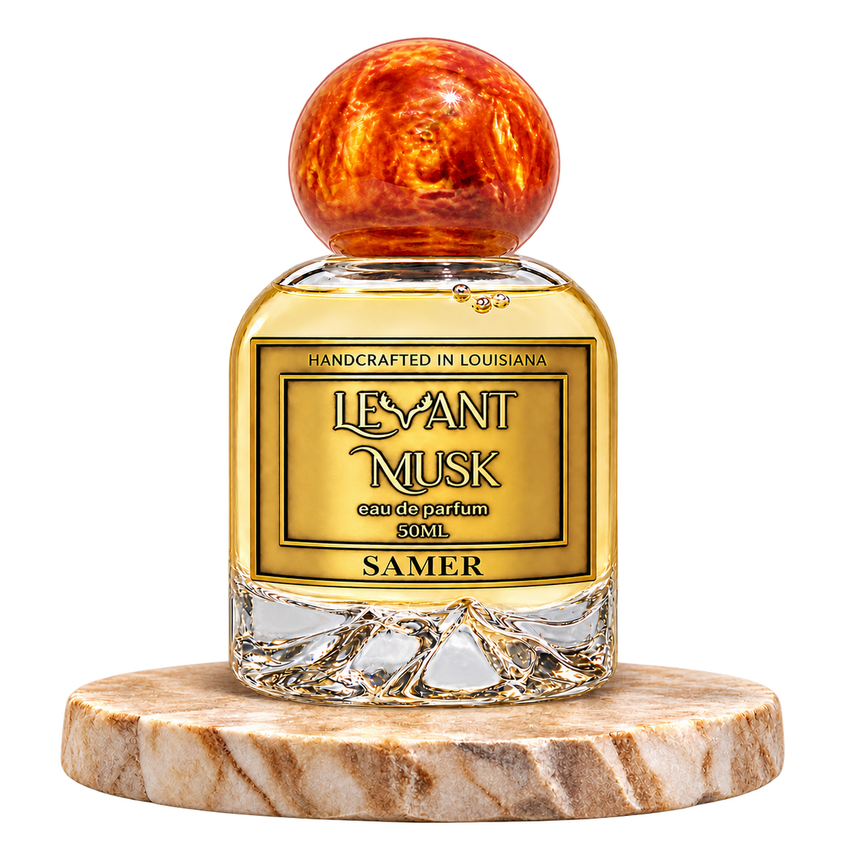 SAMER by Levant Musk bottle alone on a beige marble platform with transparent background