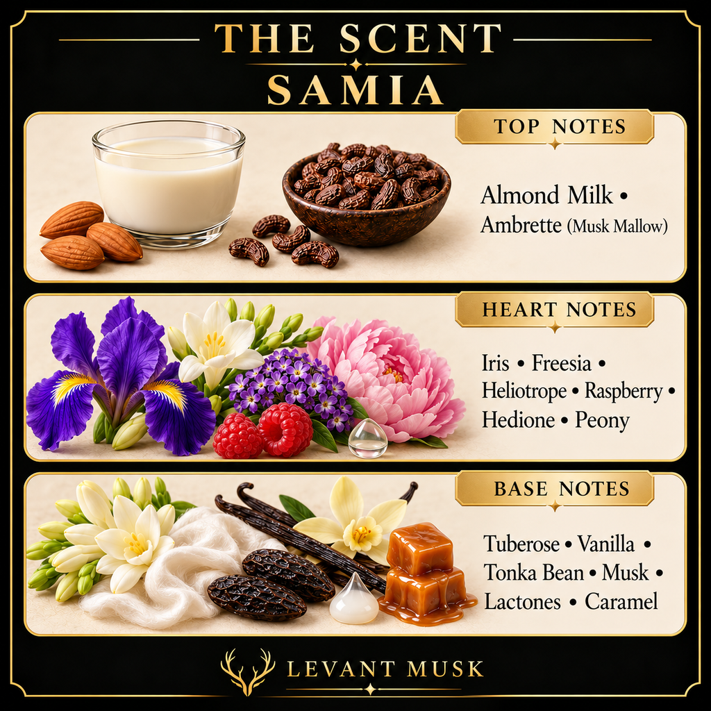 SAMIA fragrance notes: Almond Milk, Ambrette (Musk Mallow); Iris, Freesia, Heliotrope, Raspberry, Hedione, Peony; Tuberose, Vanilla, Tonka Bean, Musk, Lactones, Caramel