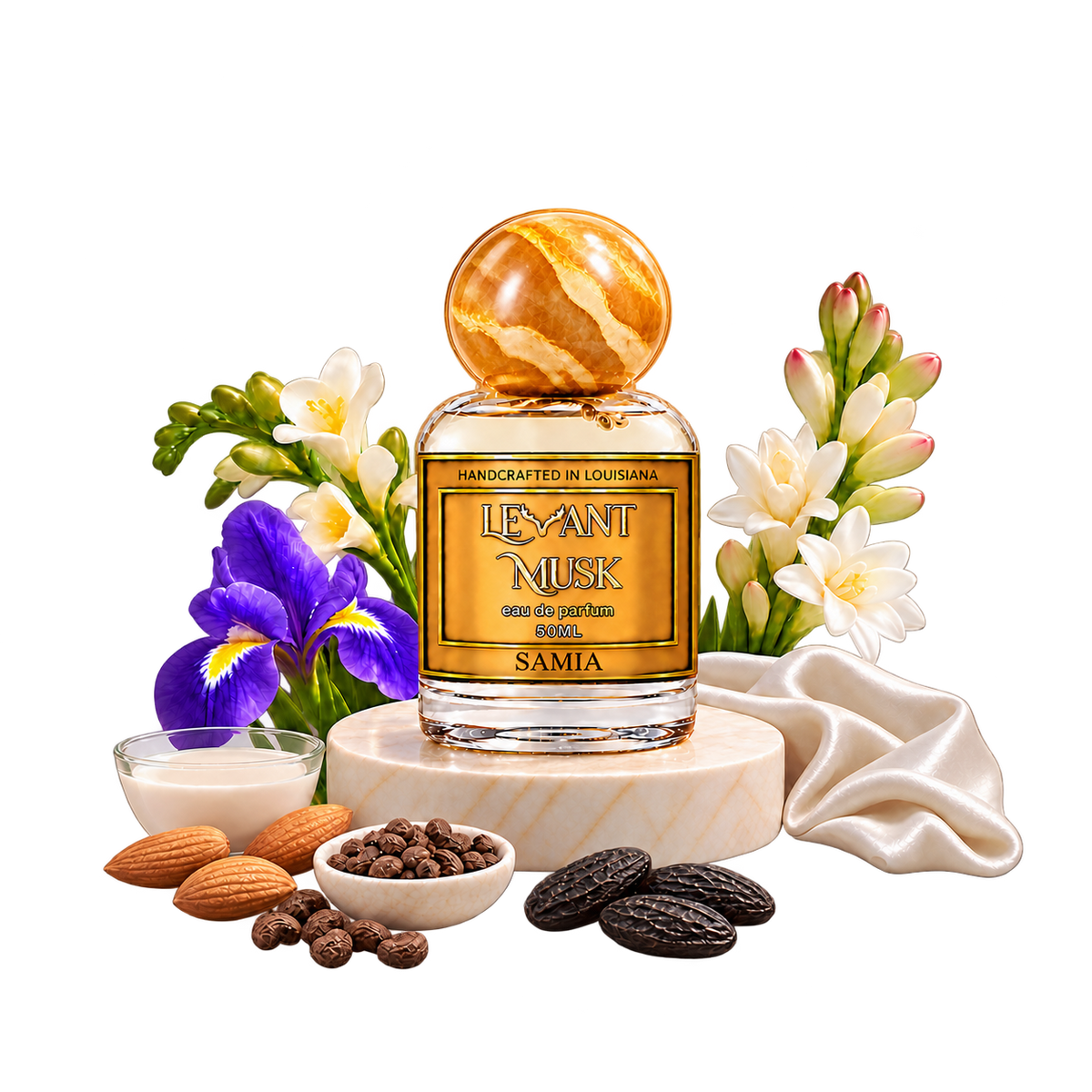 SAMIA 50 mL Levant Musk bottle with fragrance-note props on a transparent background