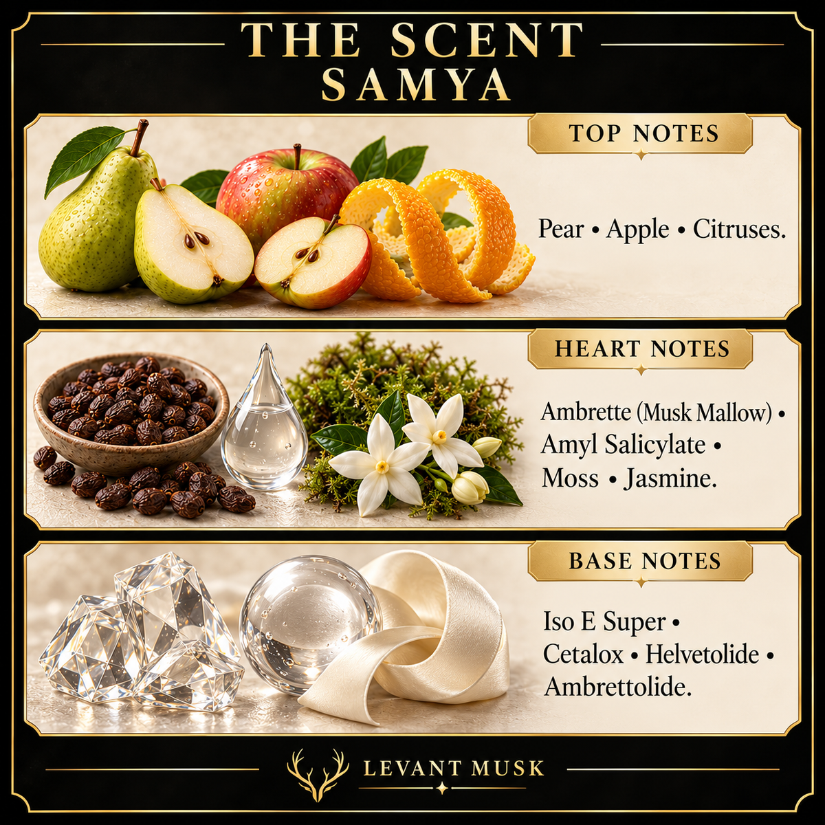 SAMYA fragrance notes: Pear, Apple, Citruses; Ambrette (Musk Mallow), Amyl Salicylate, Moss, Jasmine; Iso E Super, Cetalox, Helvetolide, Ambrettolide
