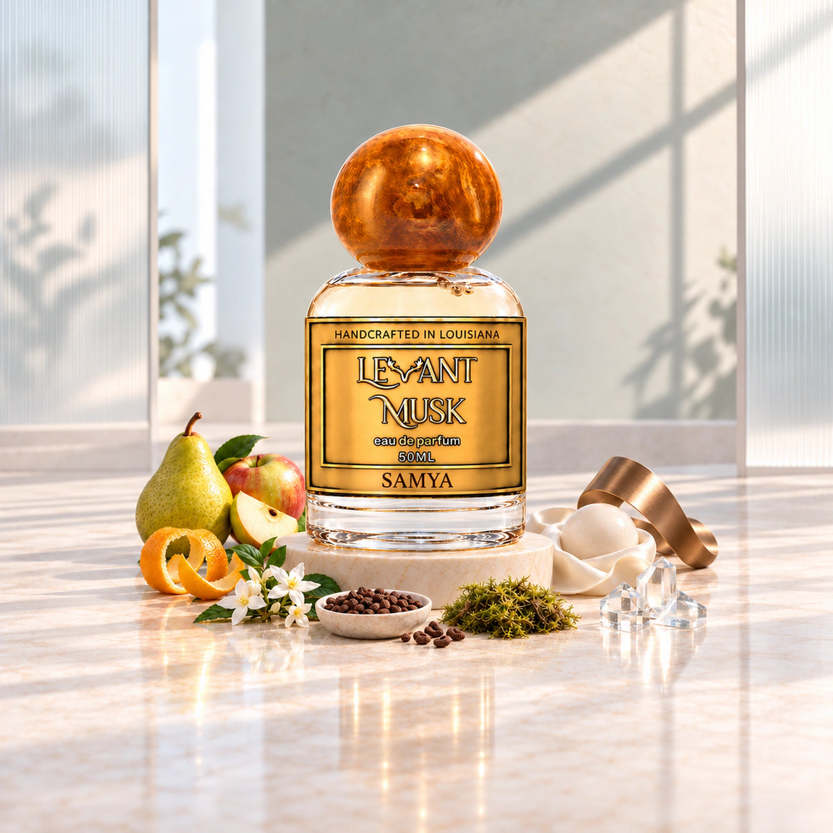 SAMYA by Levant Musk, orange-gold-cap 50 mL bottle in an atmospheric fragrance setting