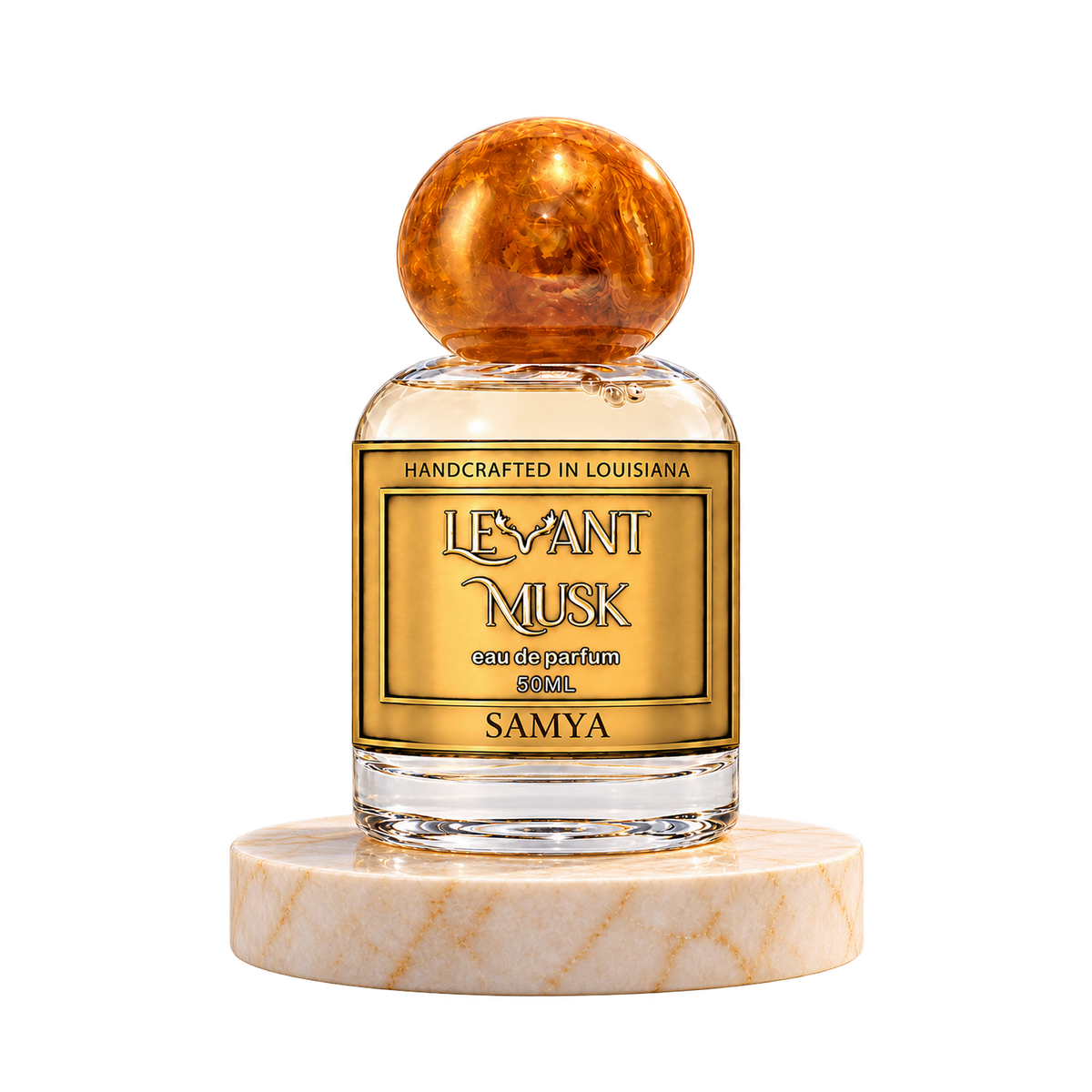 SAMYA 50 mL Levant Musk bottle with orange-gold cap on marble with transparent outer background