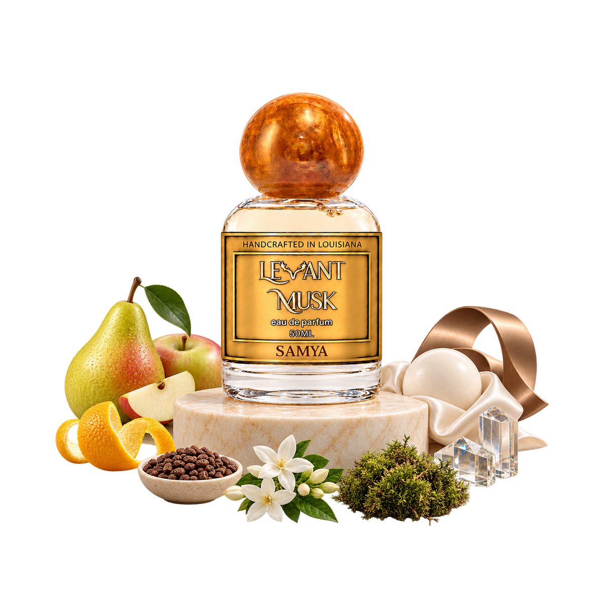 SAMYA 50 mL Levant Musk bottle with fragrance-note props on a transparent background