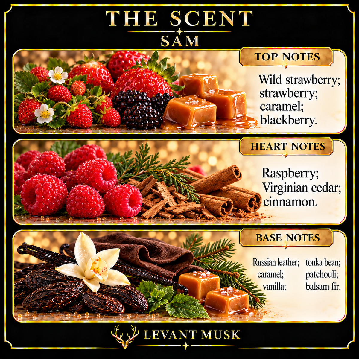 SAM by Levant Musk notes card showing its fruit, spice, wood, leather and gourmand note pyramid.