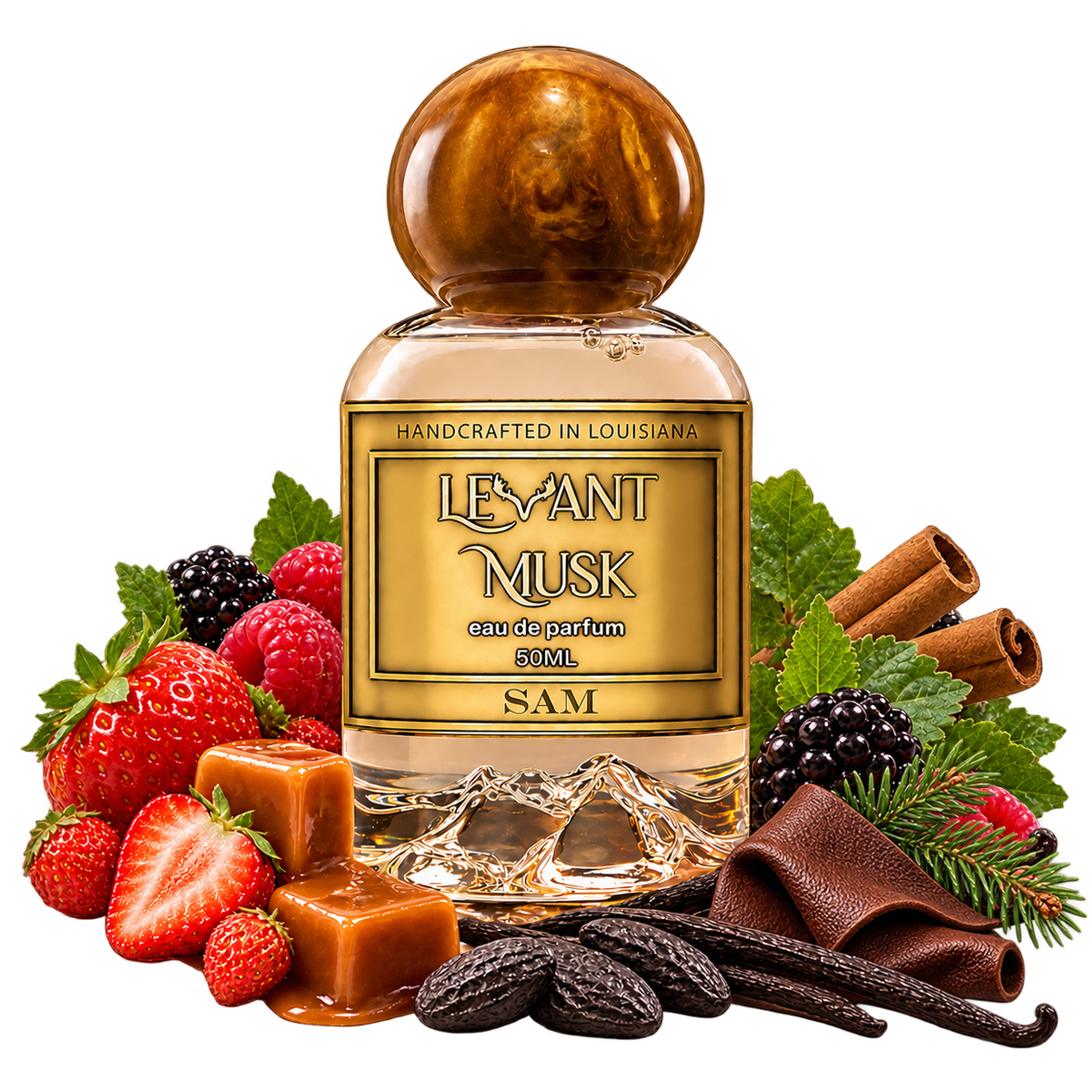 SAM perfume bottle with a brown spherical cap, berries, caramel, cinnamon, vanilla, tonka beans, leather and fir, on a transparent background.