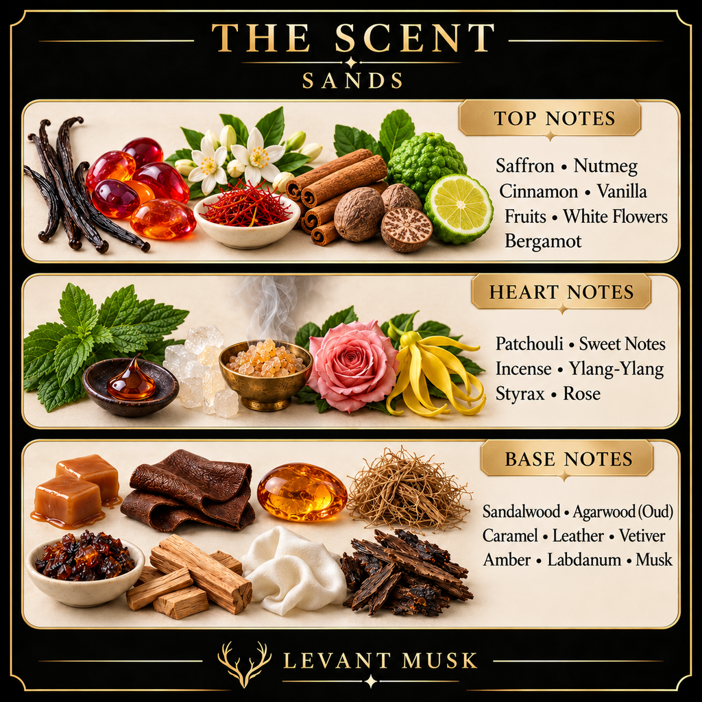 SANDS fragrance notes: Saffron, Nutmeg, Cinnamon, Vanilla, Fruits, White Flowers, Bergamot; Patchouli, Sweet Notes, Incense, Ylang-Ylang, Styrax, Rose; Sandalwood, Agarwood (Oud), Caramel, Leather, Vetiver, Amber, Labdanum, Musk