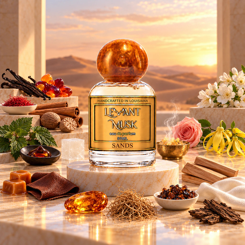 SANDS by Levant Musk, orange-gold-cap 50 mL bottle in an atmospheric fragrance setting