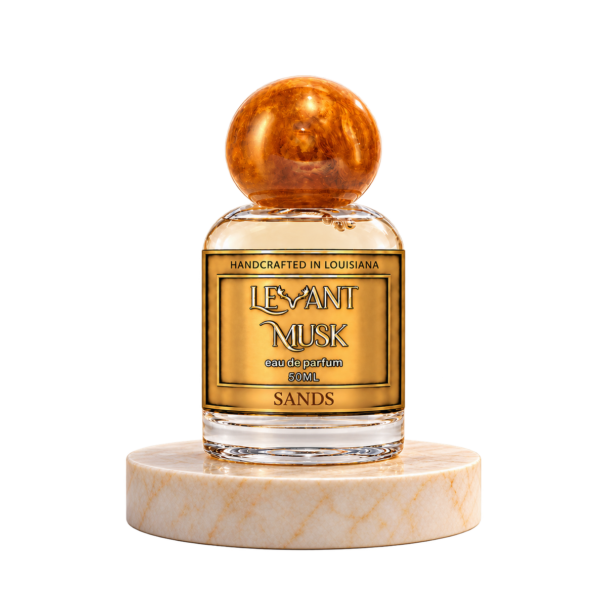 SANDS 50 mL Levant Musk bottle with orange-gold cap on marble with transparent outer background