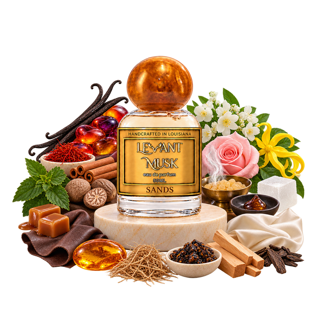 SANDS 50 mL Levant Musk bottle with fragrance-note props on a transparent background