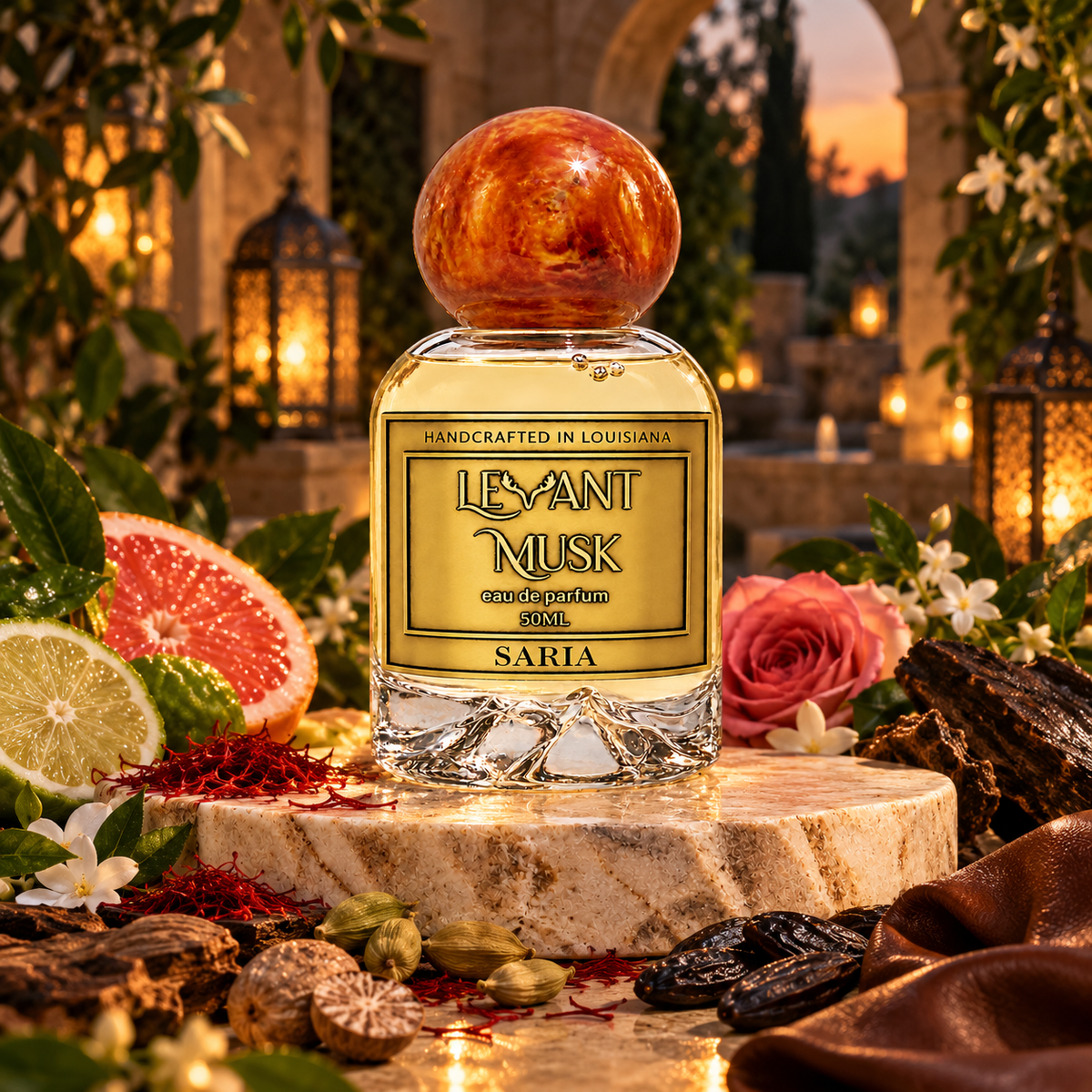 SARIA by Levant Musk in a cinematic setting with fragrance-note accents