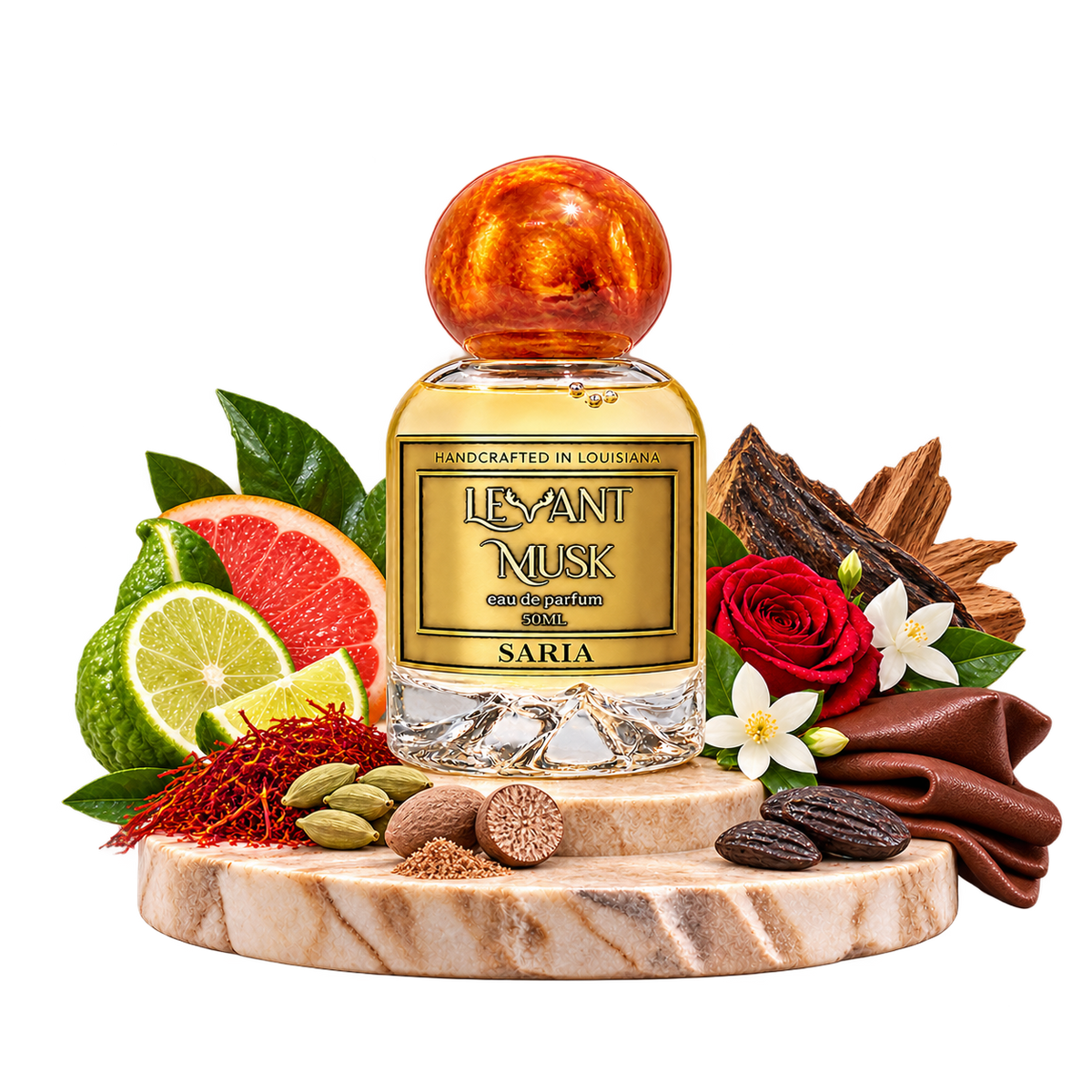 SARIA by Levant Musk with fragrance-note ingredients surrounding the bottle