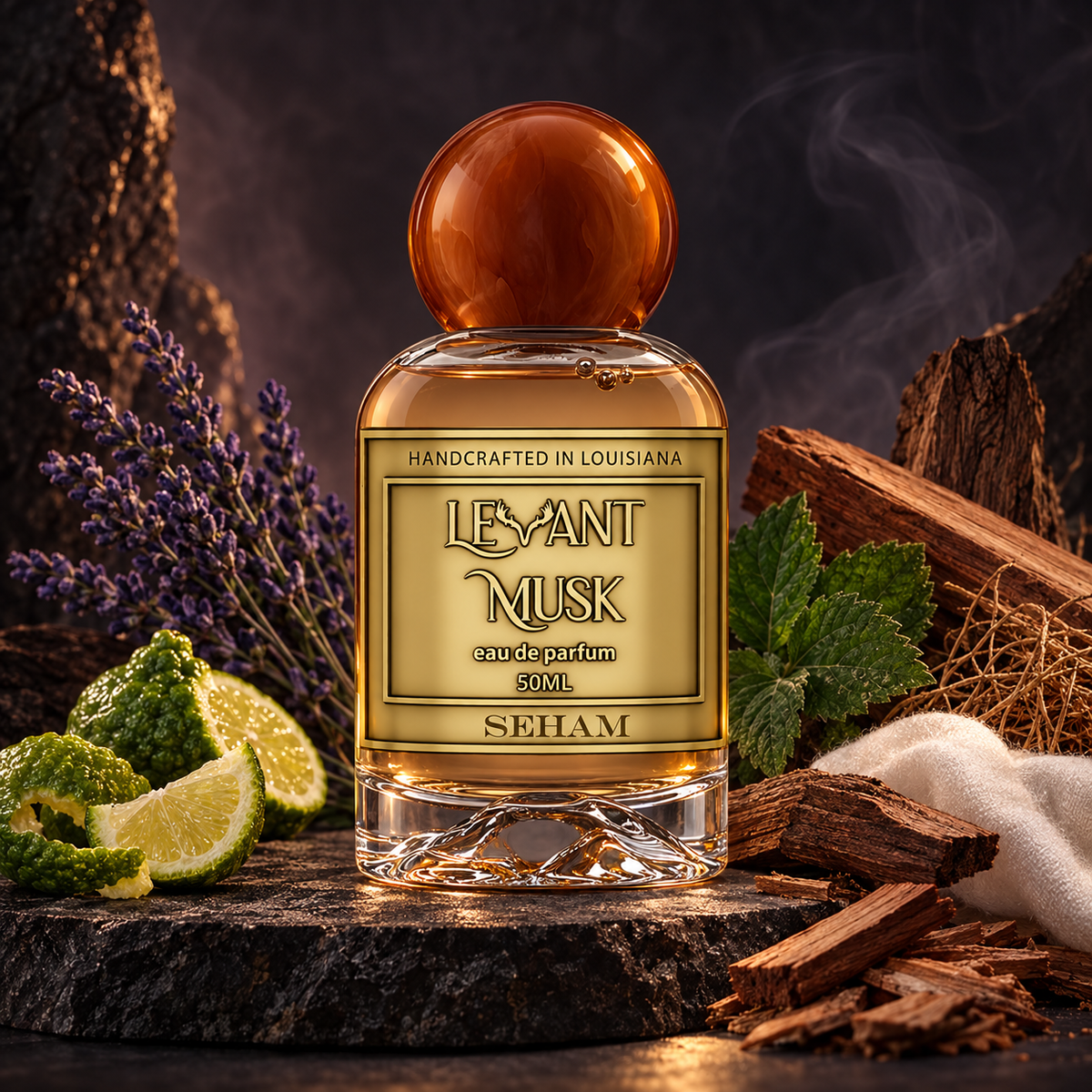 Levant Musk Seham perfume bottle styled with notes of lavender, cedarwood, and sandalwood.
