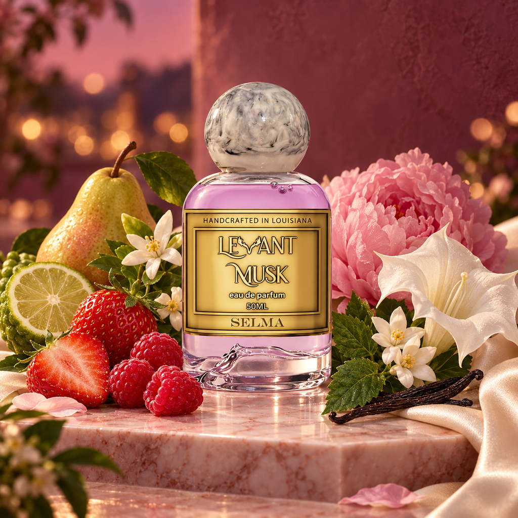 A perfume bottle labeled SELMA by Levant Musk, styled on a marble surface with strawberries, raspberries, a pear, flowers, and silk against a warm pink background.