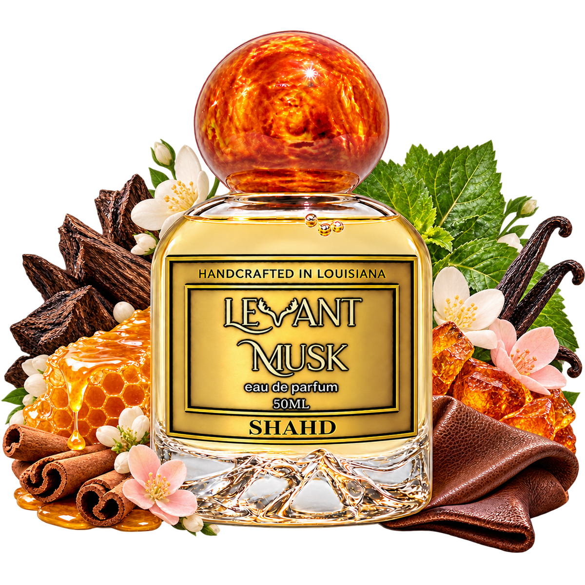 SHAHD by Levant Musk bottle with its approved fragrance notes on transparent background