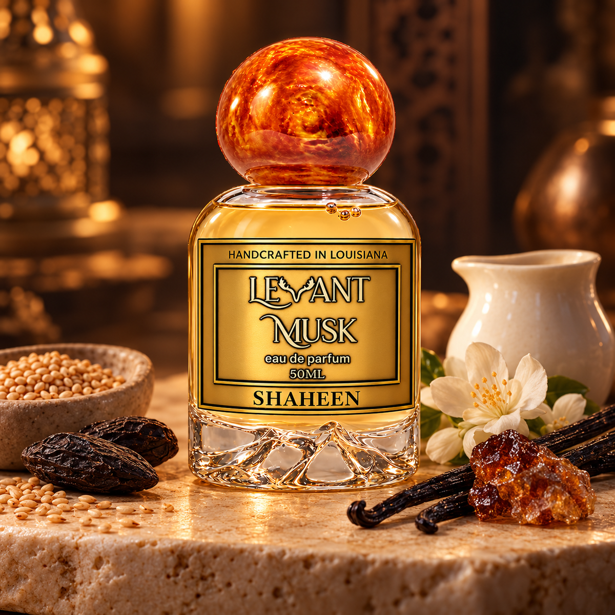 SHAHEEN by Levant Musk with orange-gold cap, sesame, tonka bean, milk, jasmine and vanilla in a warm setting