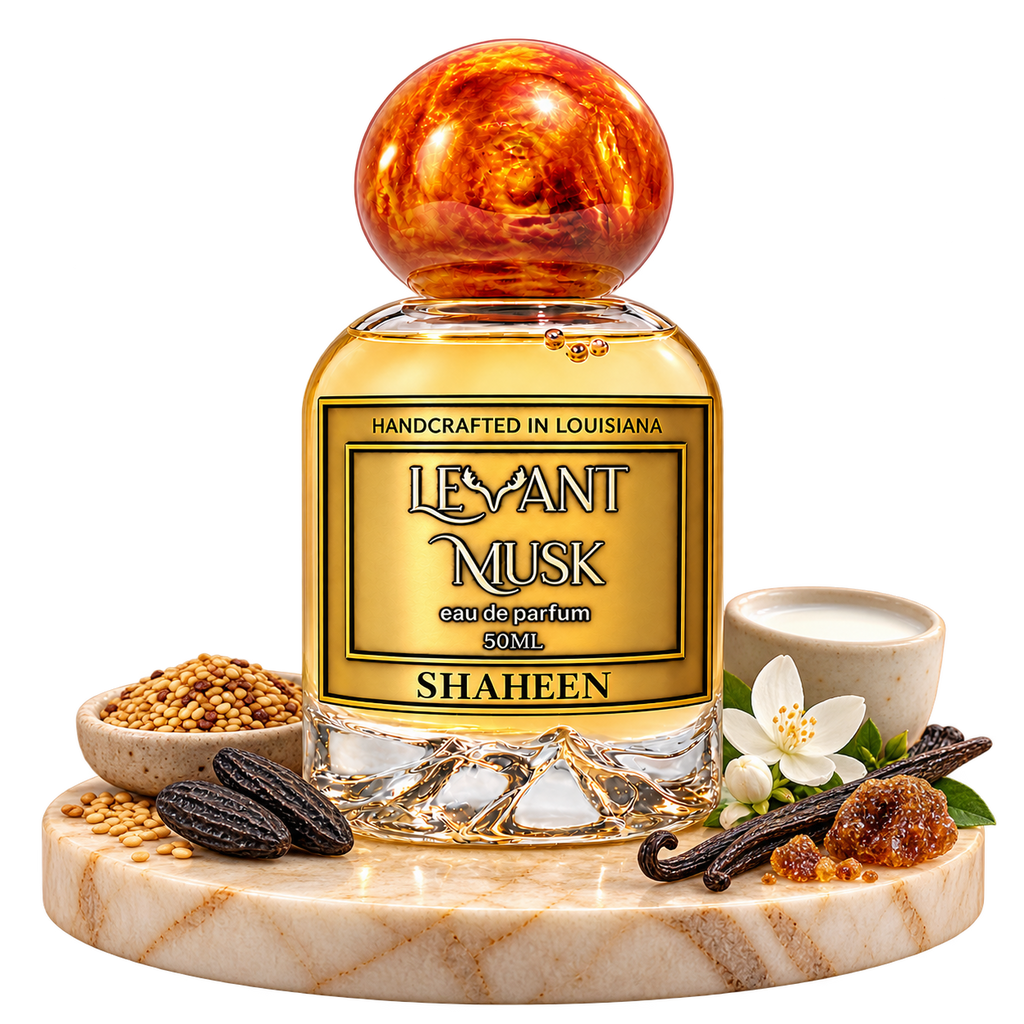SHAHEEN 50 mL Levant Musk bottle with sesame, tonka bean, milk, jasmine, vanilla and labdanum on a transparent background