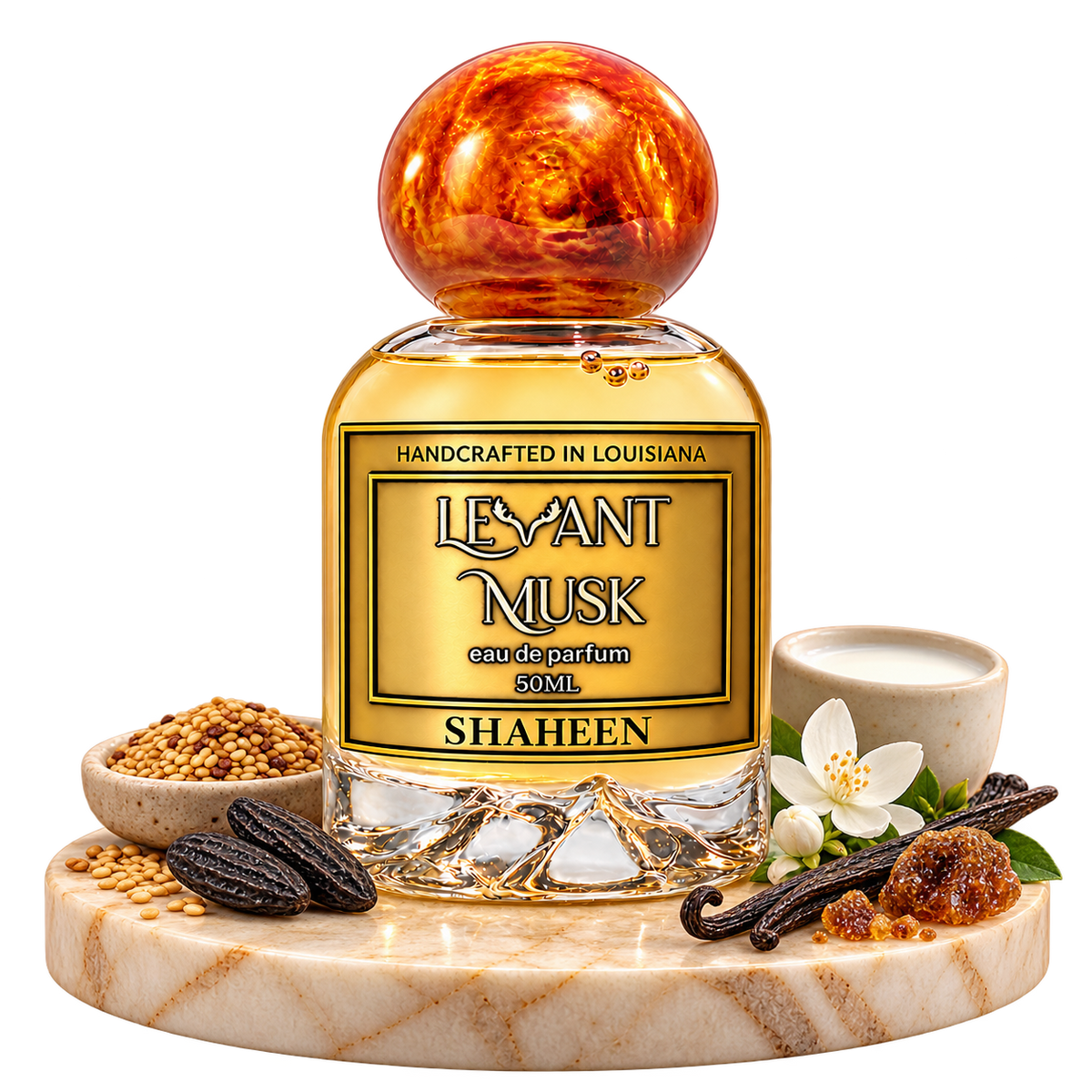 SHAHEEN 50 mL Levant Musk bottle with sesame, tonka bean, milk, jasmine, vanilla and labdanum on a transparent background