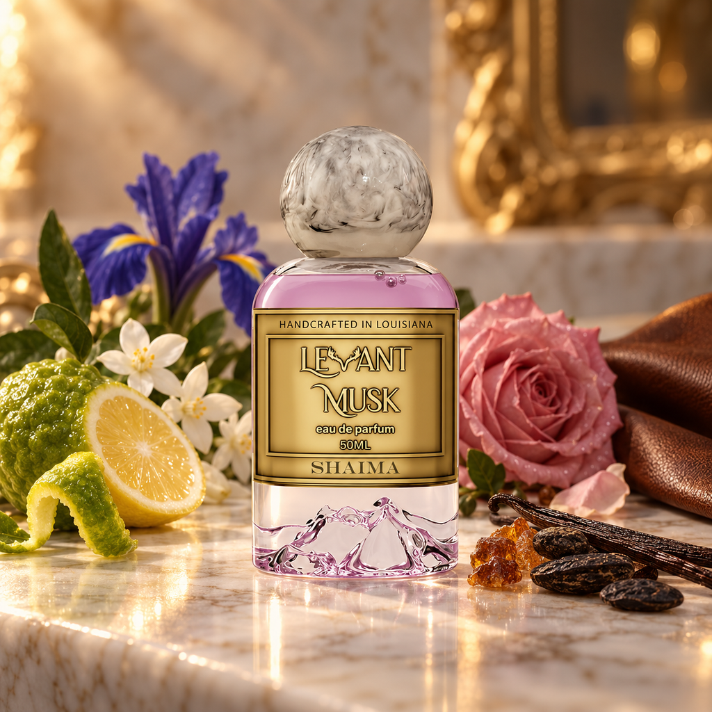 A 50ml bottle of SHAIMA by Levant Musk perfume, featuring a gold label and a pink liquid inside a clear glass bottle with a silver cap. The bottle is beautifully styled on a marble surface with a pink rose, vanilla beans, a lime, and purple flowers in a warm, luxurious setting.