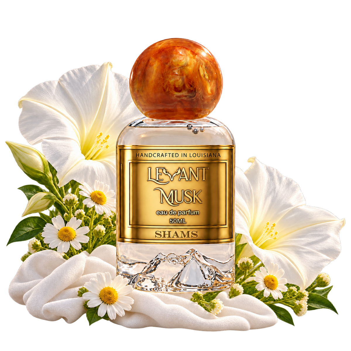 SHAMS by Levant Musk bottle with moonflower, camomile, and white fabric evoking white musk, on a transparent background.