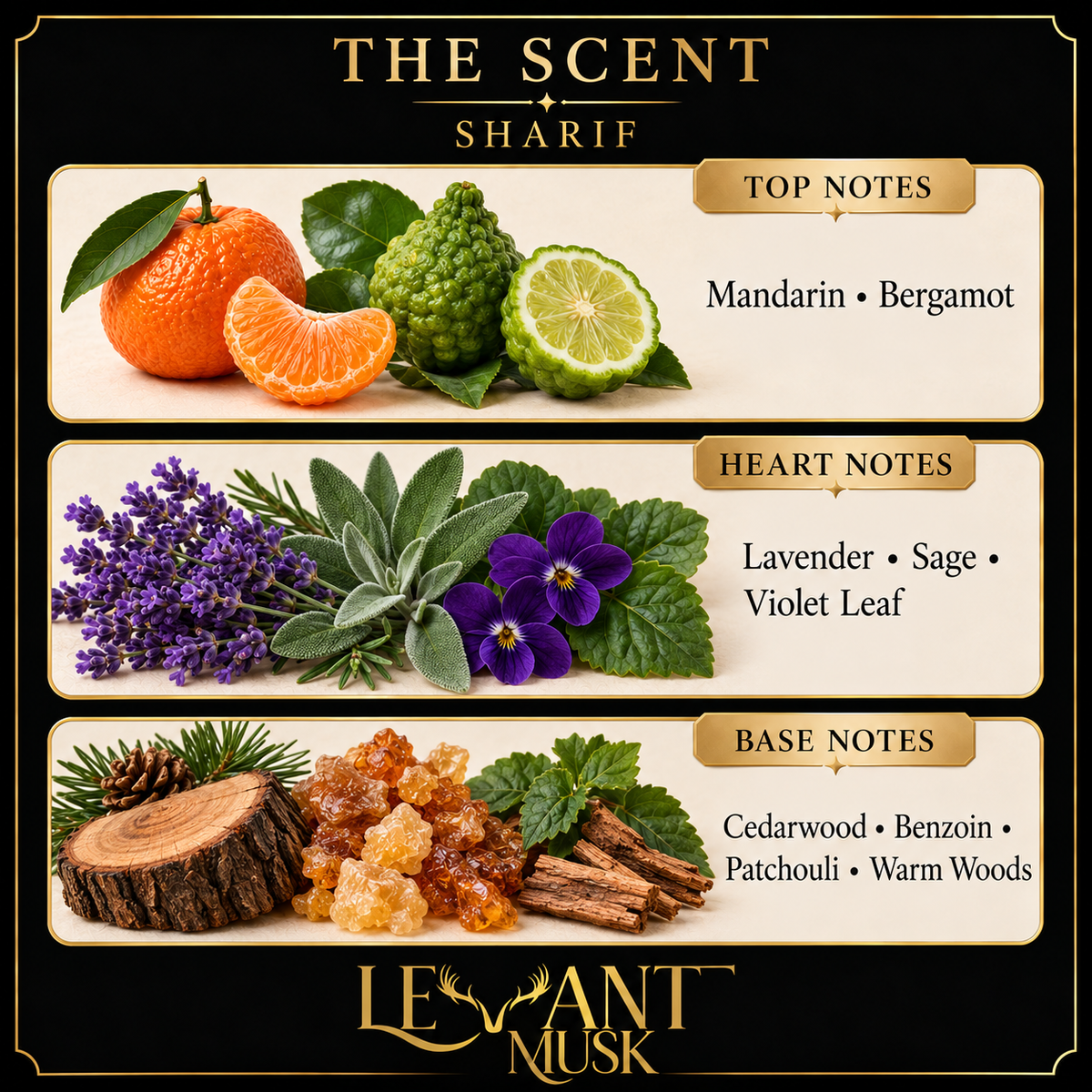 SHARIF fragrance notes. Top: Mandarin; bergamot. Heart: Lavender; sage; violet leaf. Base: Cedarwood; benzoin; patchouli; warm woods.