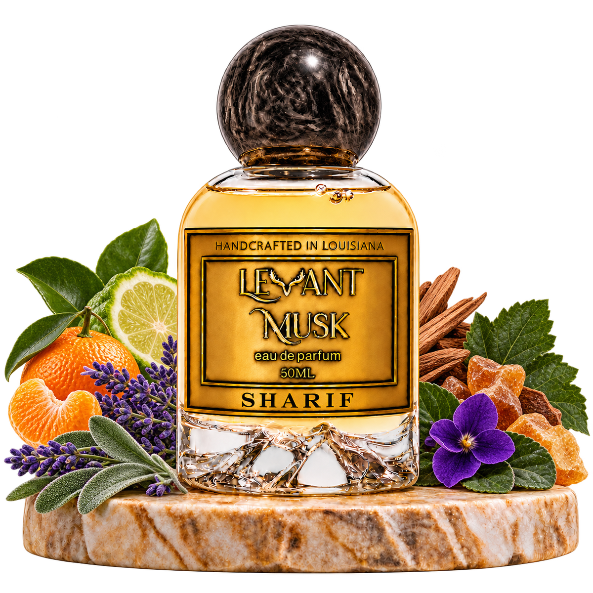 SHARIF by Levant Musk with fragrance-note botanicals on a marble pedestal, transparent background