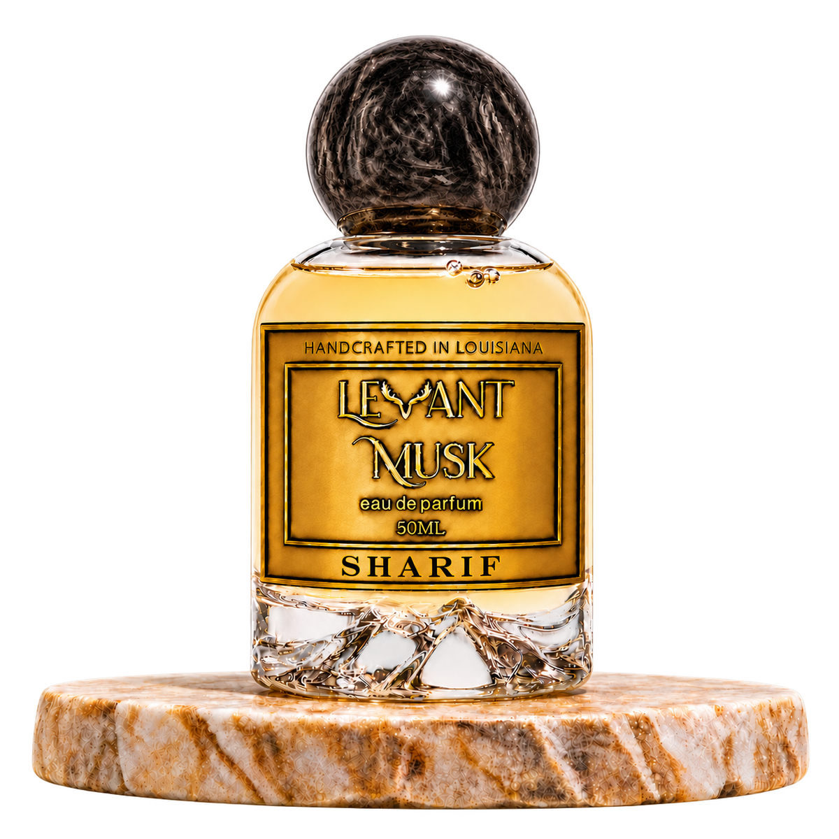 SHARIF by Levant Musk, 50 mL eau de parfum with black marbled cap on a marble pedestal, transparent background