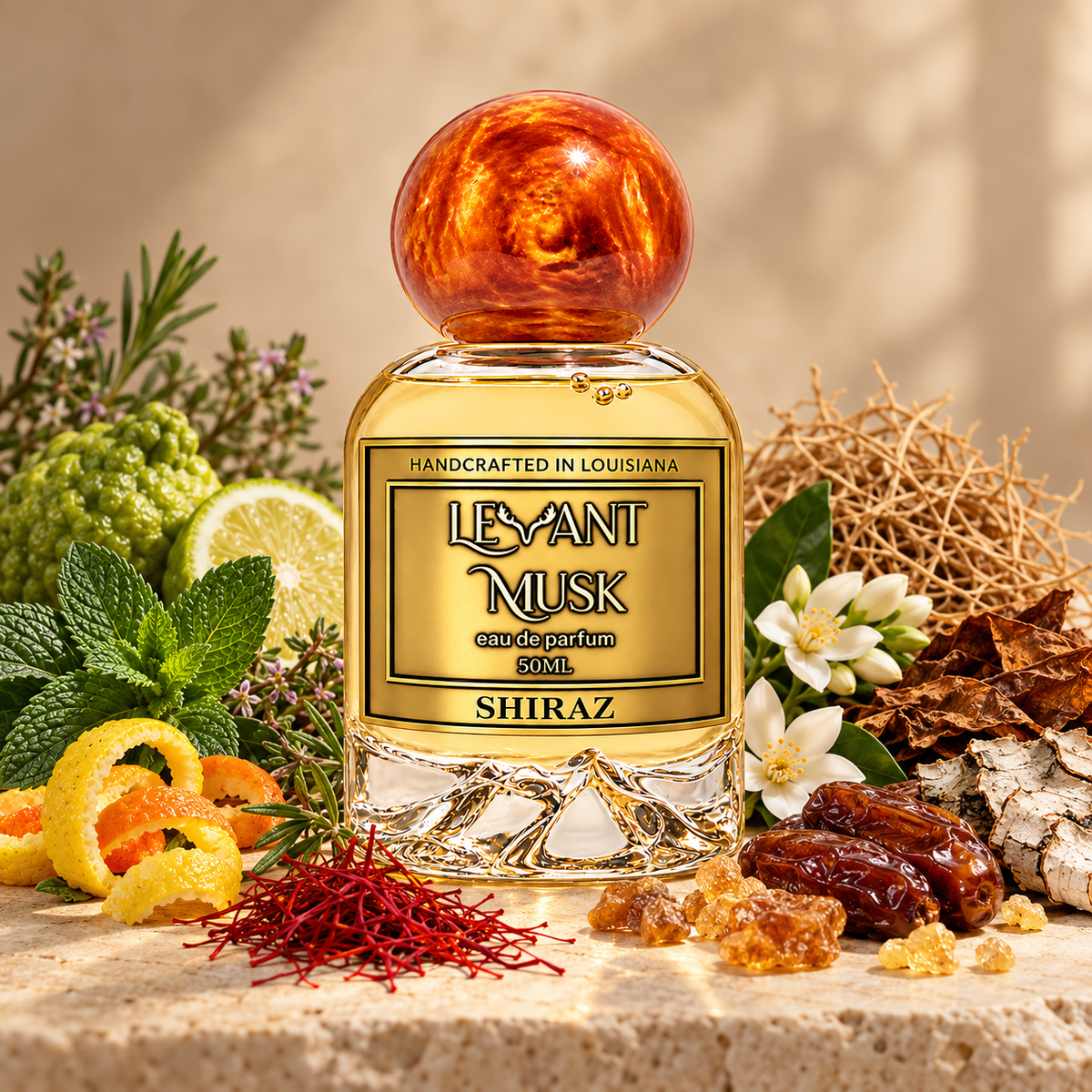 SHIRAZ unisex eau de parfum by Levant Musk grounded on cream stone with its simplified fragrance notes