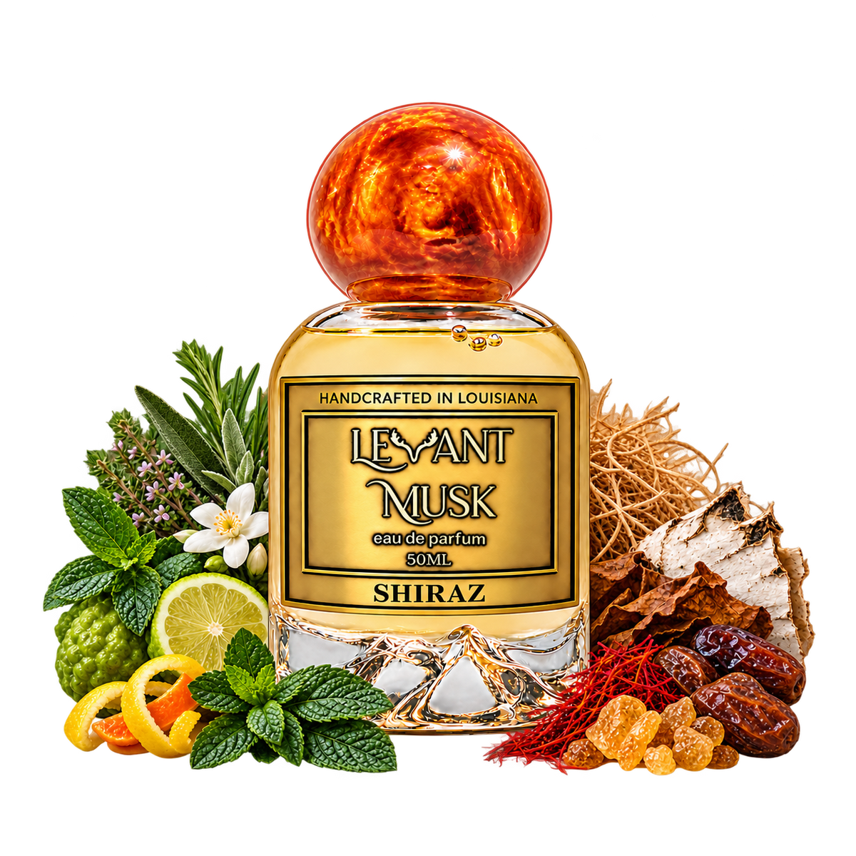 SHIRAZ by Levant Musk with mint, bergamot, green herbs, white florals, vetiver, saffron, tobacco, resin, dates and birch on transparent background