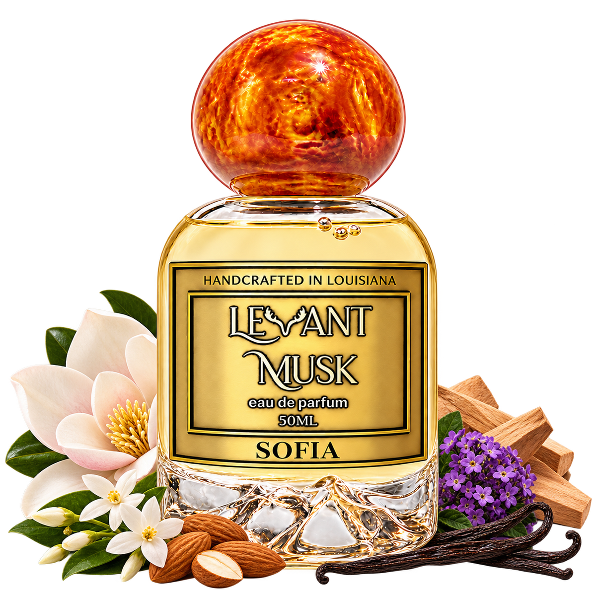 SOFIA bottle with magnolia, jasmine, almond, vanilla, sandalwood and heliotrope accents on a transparent background.