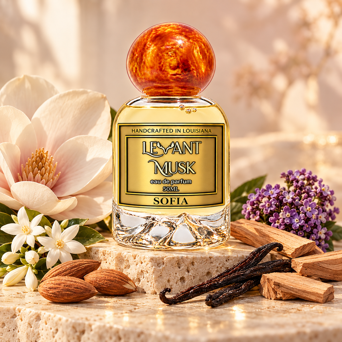 SOFIA by Levant Musk in a grounded cream-stone hero scene with magnolia, jasmine, almond, vanilla, sandalwood and heliotrope.