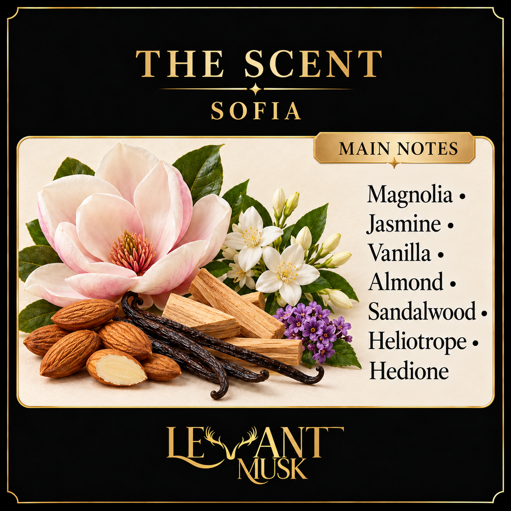 SOFIA Main Notes: Magnolia, Jasmine, Vanilla, Almond, Sandalwood, Heliotrope and Hedione. Black, gold and cream Levant Musk scent card.