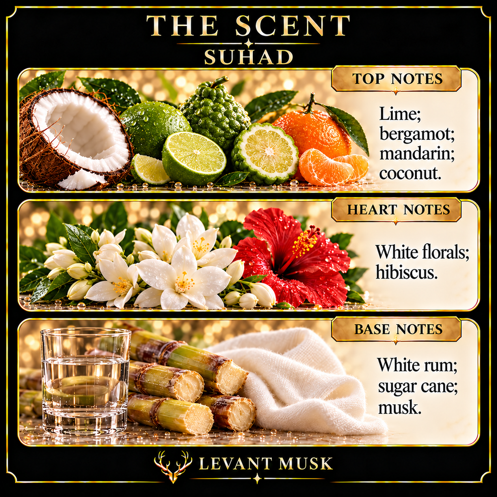 SUHAD notes. Top: lime, bergamot, mandarin, coconut. Heart: white florals, hibiscus. Base: white rum, sugar cane, musk.