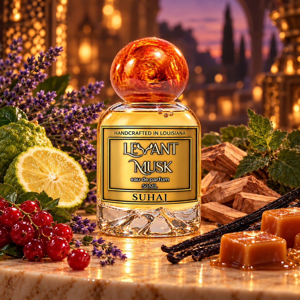SUHAJ 50 mL Eau de Parfum in an atmospheric setting with bergamot, lavender, red berries and caramel
