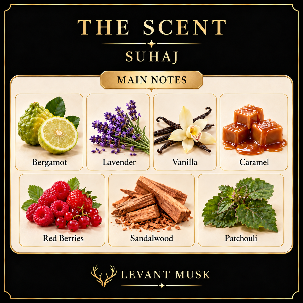 SUHAJ main notes: bergamot, lavender, vanilla, caramel, red berries, sandalwood and patchouli