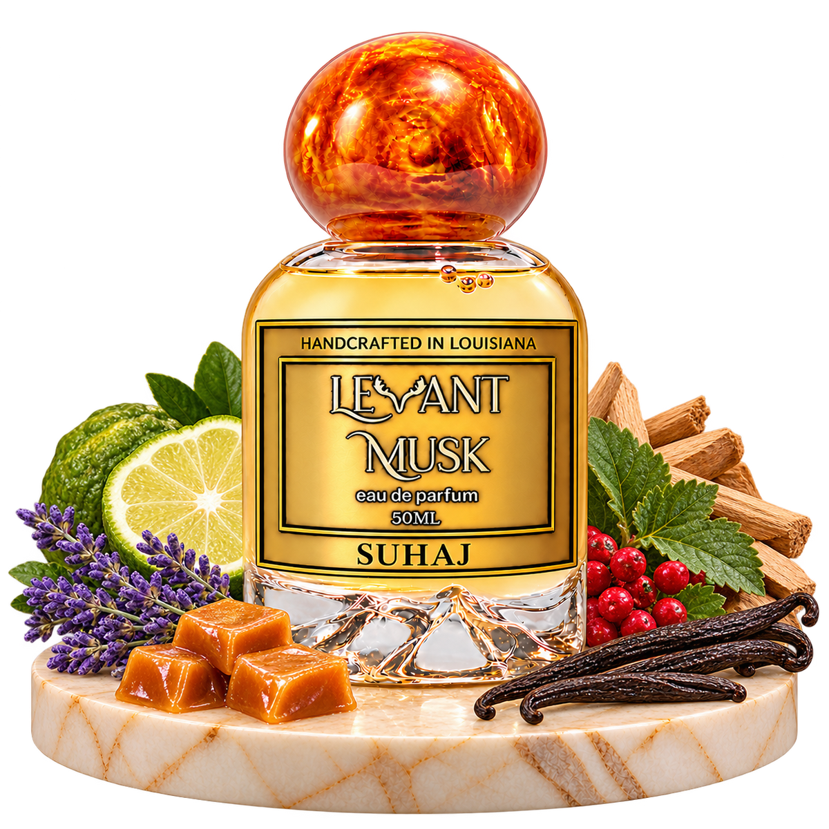 SUHAJ orange-cap perfume bottle with bergamot, lavender, vanilla, caramel, red berries, sandalwood and patchouli props