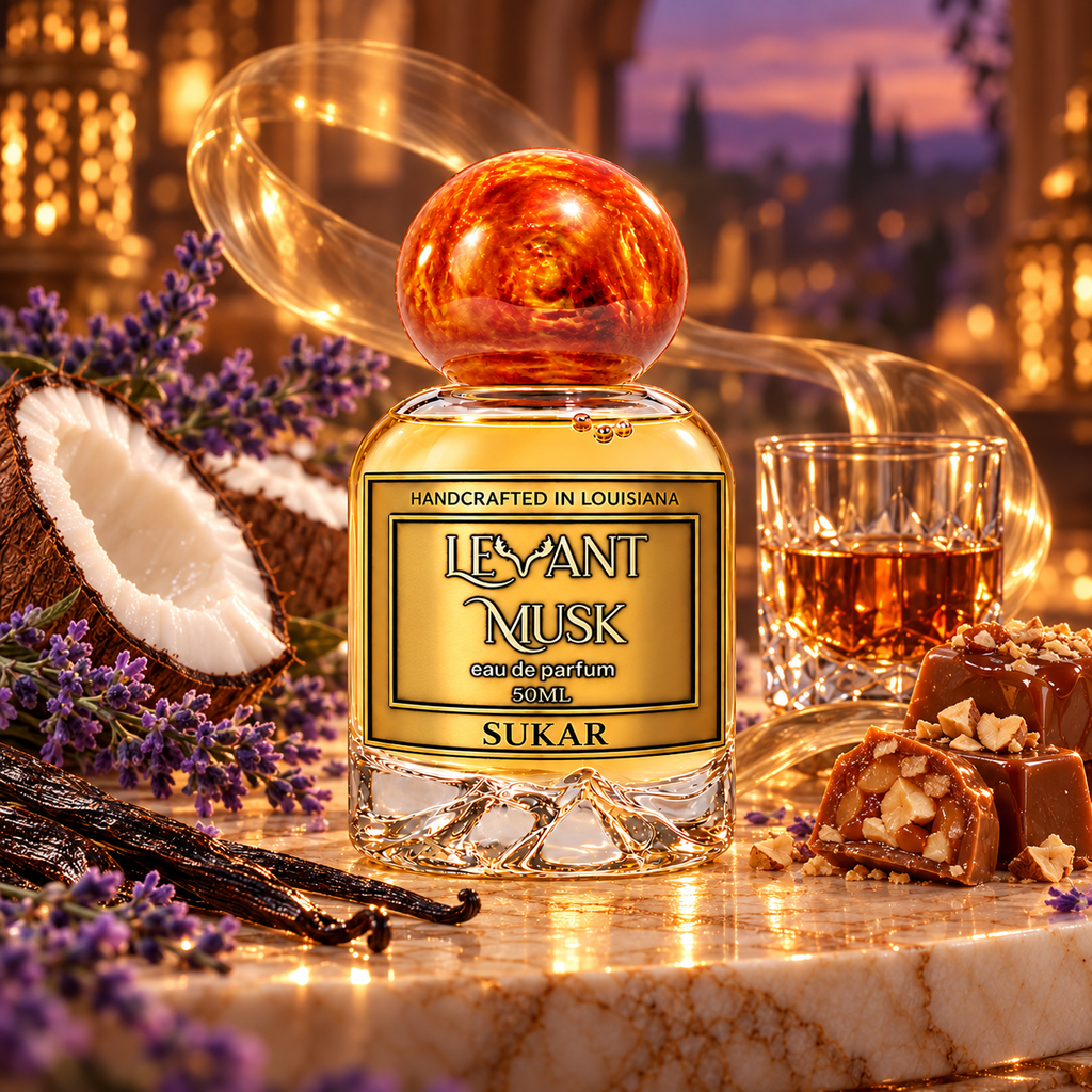 SUKAR 50 mL Eau de Parfum in an atmospheric setting with coconut, lavender, vanilla, praline and rum