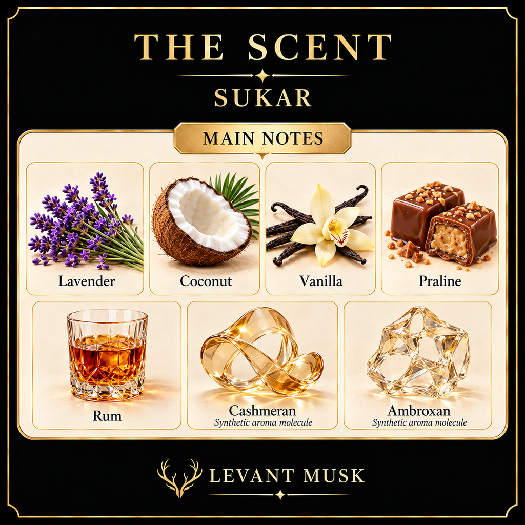 SUKAR main notes: lavender, coconut, vanilla, praline, rum, cashmeran and ambroxan