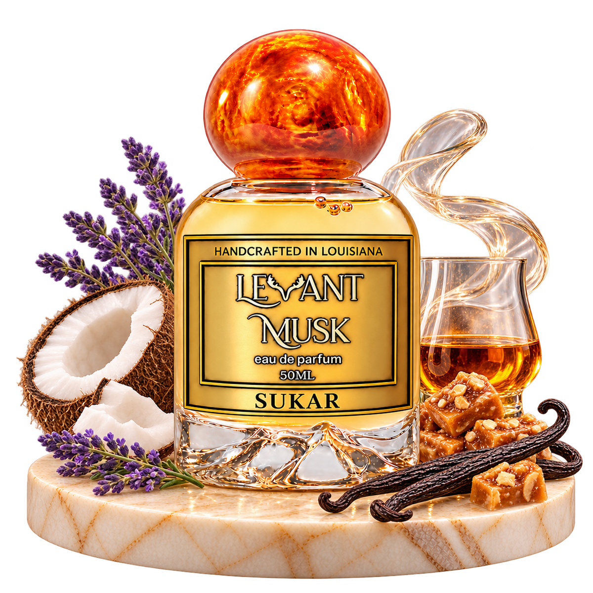 SUKAR orange-cap perfume bottle with lavender, coconut, vanilla, praline and rum props